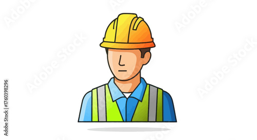 Cartoon illustration of a construction worker wearing a yellow hard hat and safety vest.
