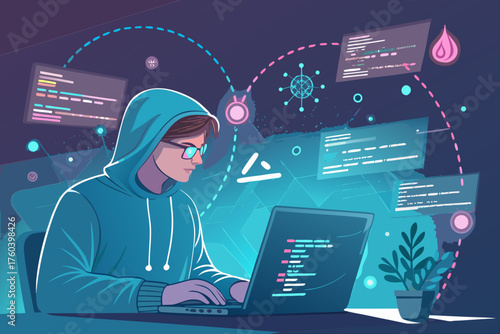 Bold Software Developer Coding With Glowing Digita Professional Photo Ideal for Marketing