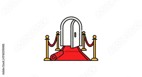 A welcoming red carpet unrolled towards an open arched door with golden stanchions.