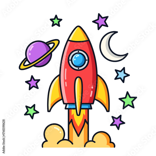 Explore the galaxy with this vibrant rocket ship soaring past stars and planets, perfect for children's designs and space themed adventures