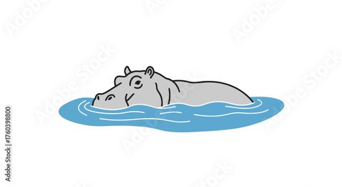 Cartoon Hippopotamus Swimming in Water with Visible Head and Back.