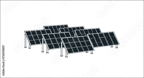 Array of multiple dark photovoltaic solar panels on metal frames.