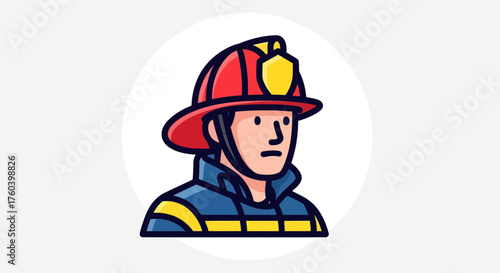 Firefighter in Red Helmet with Gold Badge and Blue Uniform Illustration.