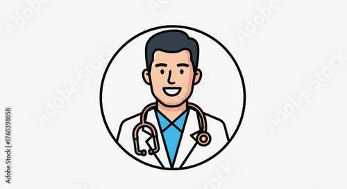 Smiling Male Doctor Avatar with Stethoscope Icon.