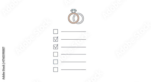 Minimalist Line Art of Diamond Engagement Ring and Wedding Band with Checklist.