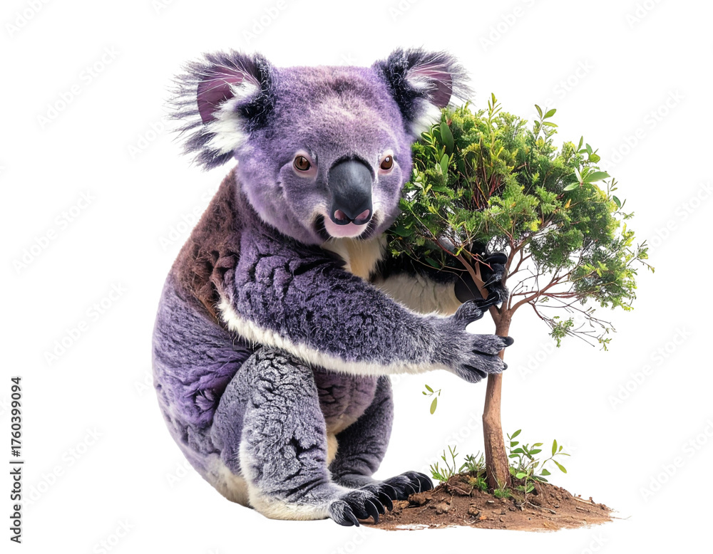 Naklejka premium Cute koala bear holding a small green tree isolated on black background isolated on white background isolated on transparent background