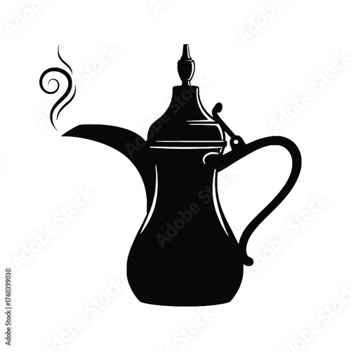 Elegant black and white silhouette of a traditional Arabian coffee pot with delicate steam, perfect for cultural events or branding related to the Middle East