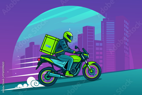 Depicting Vibrant Delivery Motorbike Rider Dynamic High-Quality Stock Image