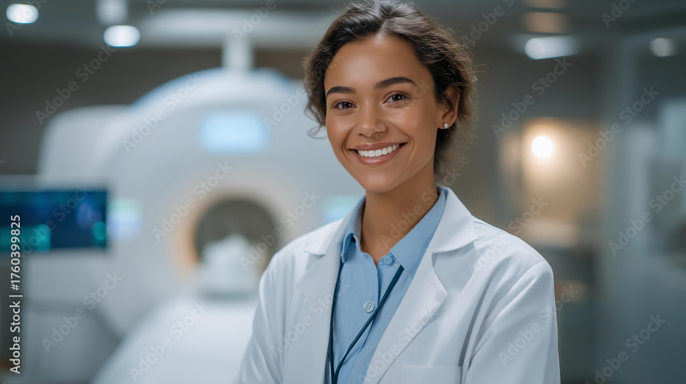 Fototapeta premium A smiling medical professional using advanced nuclear imaging equipment to diagnose a patient representing healthcare technology innovation nuclear medicine precision