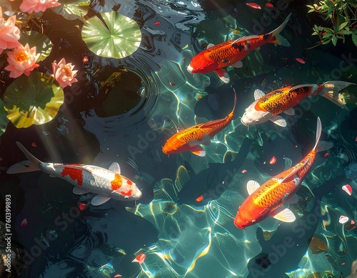 Colorful koi fish swimming peacefully in a garden pond