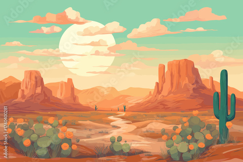 Monument Valley desert Arizona USA Vector wallpaper Southwest Landscape Illustration Travel Landmark Clipart featuring red sandstone formations Perfect for travel poster	
