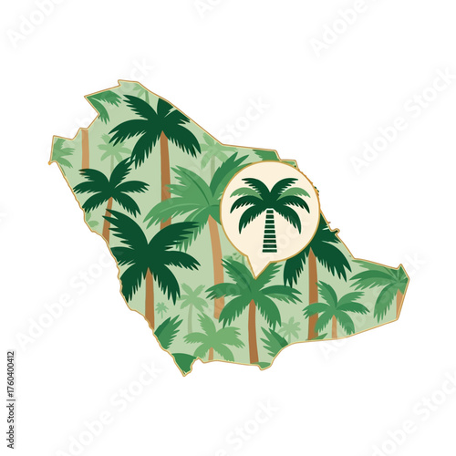 Saudi Arabia map with palm trees for travel promotions, tourism campaigns, and Middle Eastern cultural events that highlights the Kingdom's natural beauty
