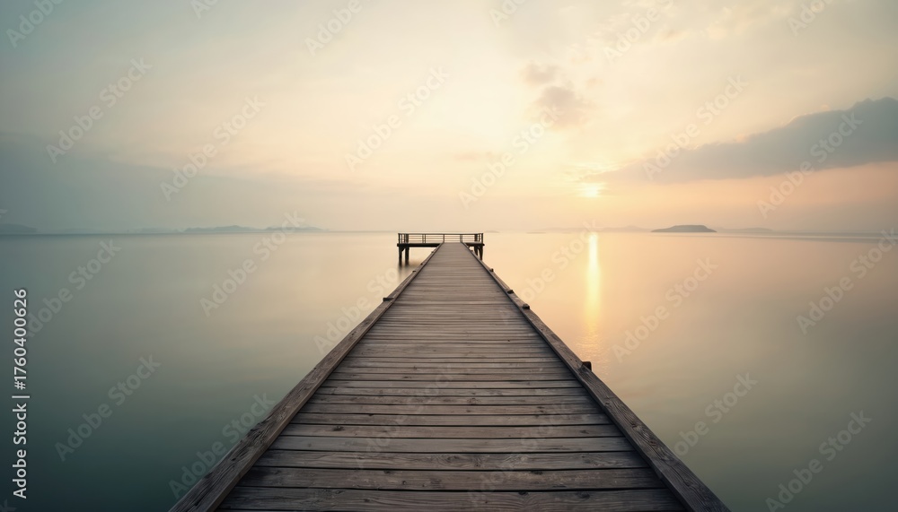 Obraz premium Wooden pier extends into calm sea at sunrise. Gentle water reflects soft sky colors. Distant islands appear misty on the horizon. Peaceful dawn setting offers serene water view.