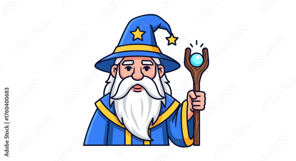 Naklejka premium Cartoon Wizard with Blue Hat and Magical Staff.