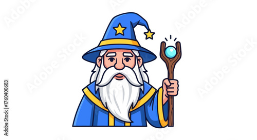 Cartoon Wizard with Blue Hat and Magical Staff.