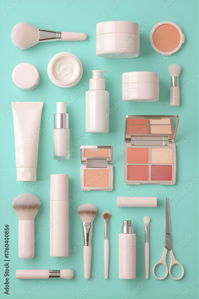 Obraz premium A vibrant collection of beauty and cosmetic products, including lipstick, mascara, and a brush set, against a pink background