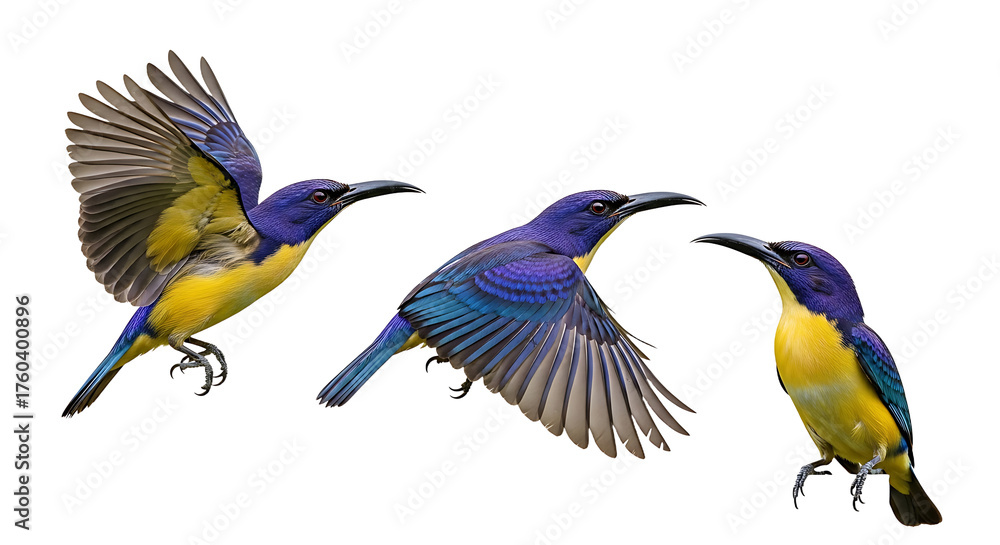 Obraz premium Three Small Birds with Blue and Yellow Plumage in Flight and Perched.