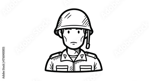 Soldier in Helmet: Hand-Drawn Illustration of a Military Figure.