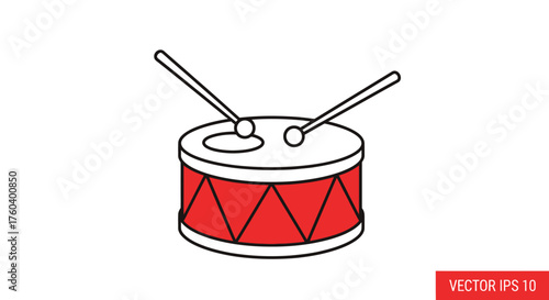 Simple Red Drum with Drumsticks Cartoon Style Illustration.