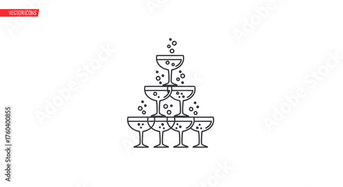 Stacked Champagne Glasses Pyramid with Bubbles.