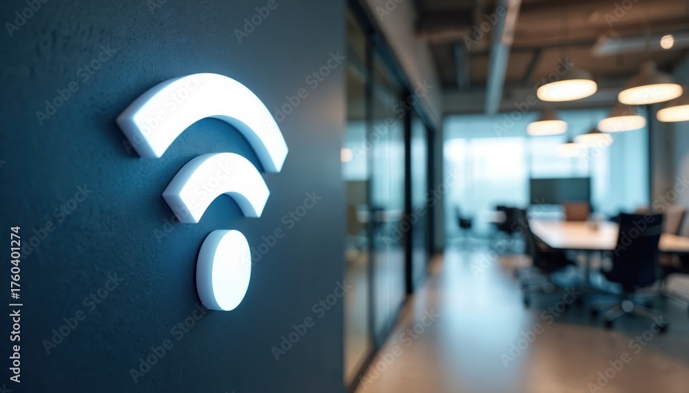 Fototapeta premium Bright wifi symbol on office wall. Empty conference room view shows tech workplace with table and chairs. Tech workplace offers access point. Fast internet connects people and devices at work.