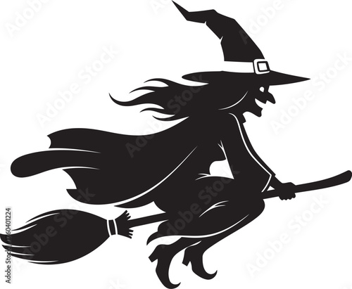 Silhouette of a wicked witch flying on a broomstick at night with flowing cape and hat vector