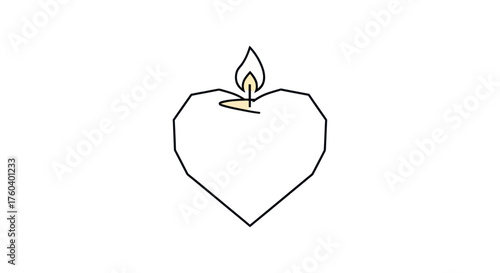 Simple Line Art Heart Candle with Burning Flame.