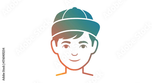 Smiling Young Boy Head Illustration Wearing Cap with Gradient Outline.