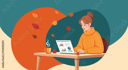 Cozy autumn remote work concept Woman analyzing data charts on laptop with coffee