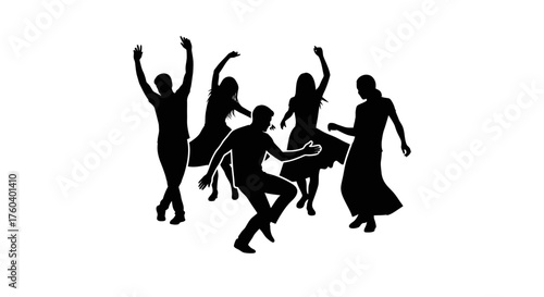 Silhouettes of a Diverse Group of People Dancing Joyfully Together.
