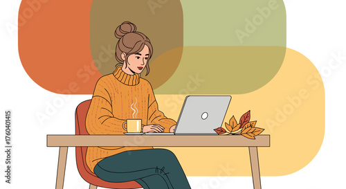 Cozy remote work setup Woman uses laptop in autumn sweater with hot coffee and fall leaves