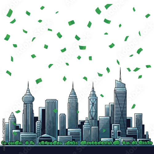 Celebrate city business success with money falling on modern skyline, perfect for financial growth, investment, and economic prosperity campaigns