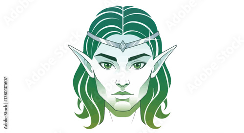 Ethereal Elf Portrait with Flowing Green Hair and Silver Tiara.
