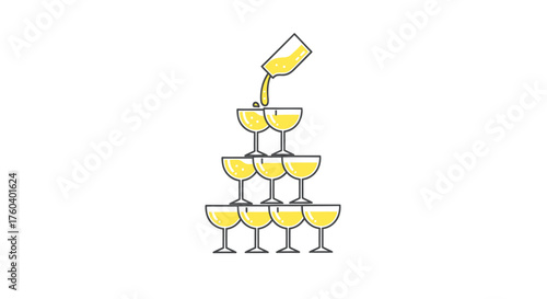 A cartoon champagne tower pyramid with a bottle pouring yellow liquid into the stacked glasses.