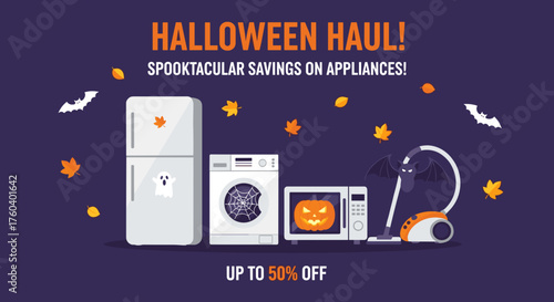 Halloween sale on appliances Spooktacular savings banner with fridge washer and microwave illustration