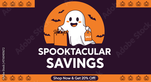 Spooktacular Savings Cute ghost mascot holding a sale tag for Halloween promotion banner