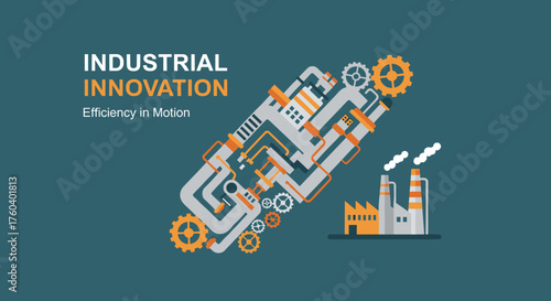 Industrial innovation graphic featuring gears pipes and factory for efficiency concept