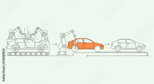 Automated car assembly line using industrial robot arms for manufacturing