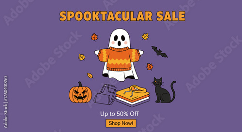 Spooktacular Sale banner illustration featuring ghost apparel pumpkin bat and cat