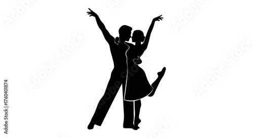 Silhouette of a Dancing Couple in Elegant Embrace and Dynamic Pose.