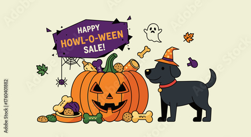 Cute dog in witch hat next to pumpkin announcing a HowlOWeen pet sale