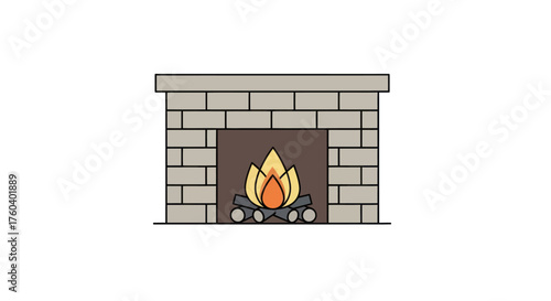 Cartoon Brick Fireplace with Warm Burning Fire and Logs.