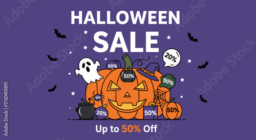 Up to 50 Off Halloween Sale promotion banner with pumpkin and ghost