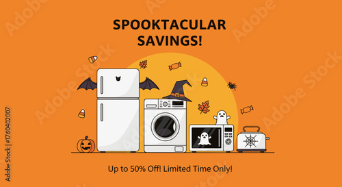 Spooktacular Savings Halloween sale banner with home appliances illustrations
