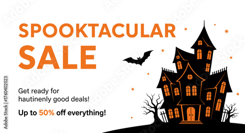Haunted house graphic for Halloween Spooktacular Sale promotion banner