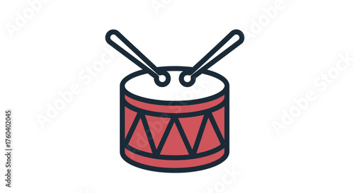 Red cylindrical drum with drumsticks simple illustration.