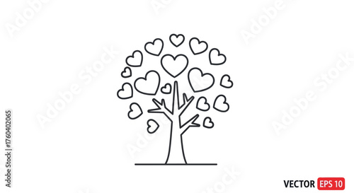 Line Art Tree with Heart-Shaped Leaves Symbolizing Love and Growth.