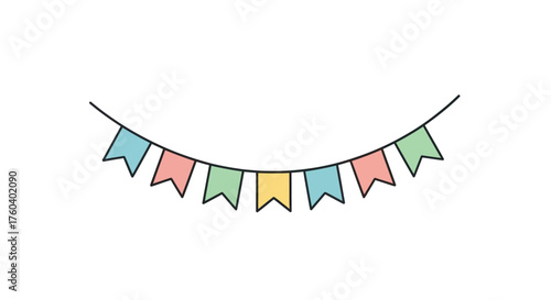 Simple doodle illustration of a colorful party bunting banner with pastel flags.