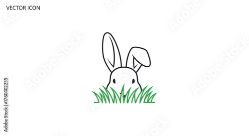 A cute cartoon rabbit with one floppy ear peeking out from behind green grass a simple vector line art icon.