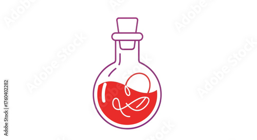 Round Glass Potion Bottle Filled with Red Liquid and a Swirling Element.